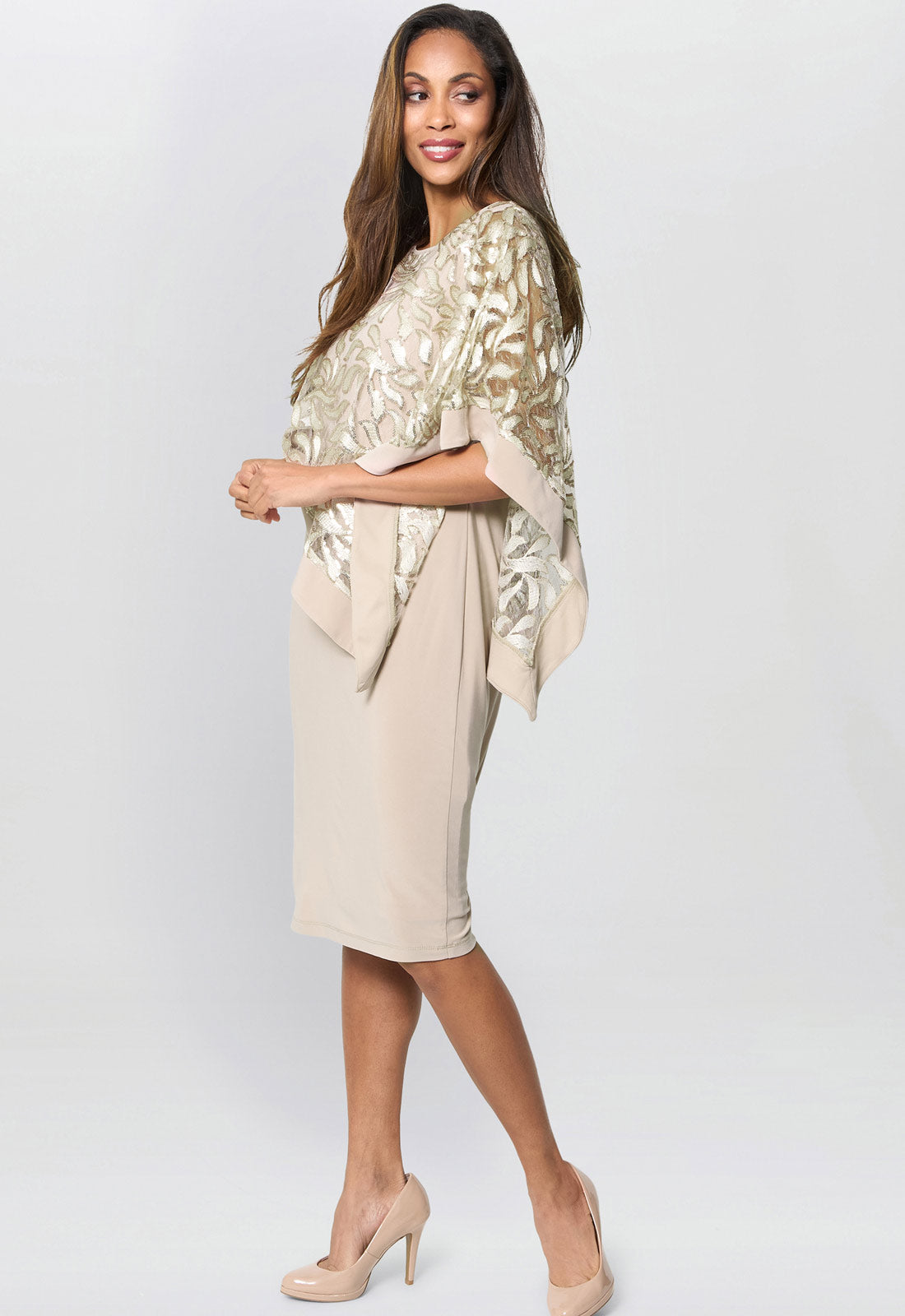 Gina Bacconi Champagne Darlene Embroidered Cape Dress