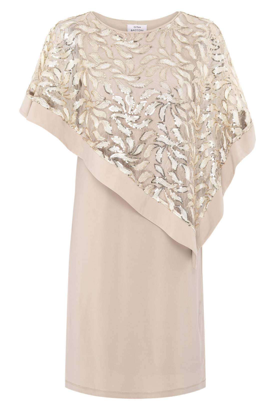 Gina Bacconi Champagne Darlene Embroidered Cape Dress