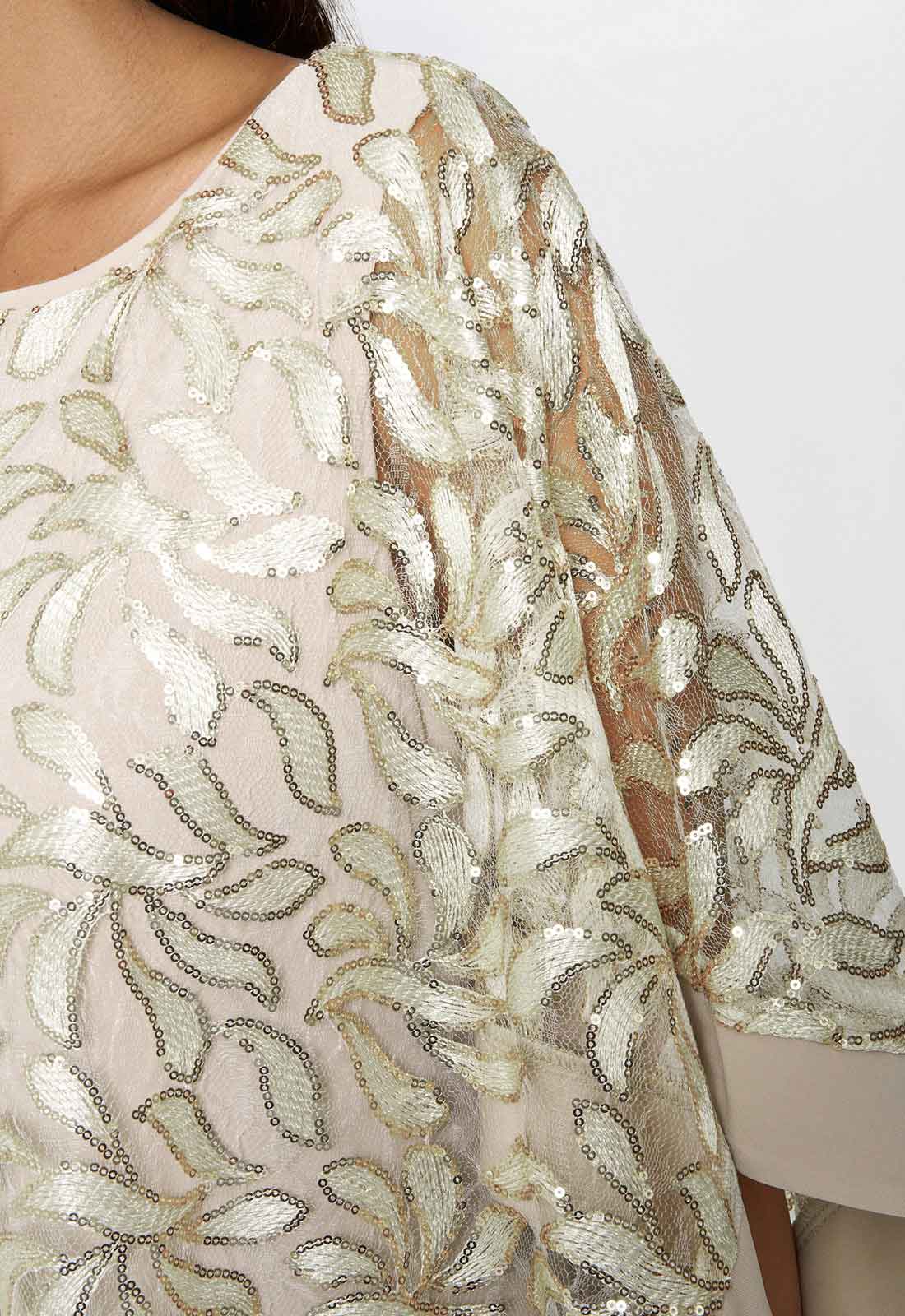 Gina Bacconi Champagne Darlene Embroidered Cape Dress