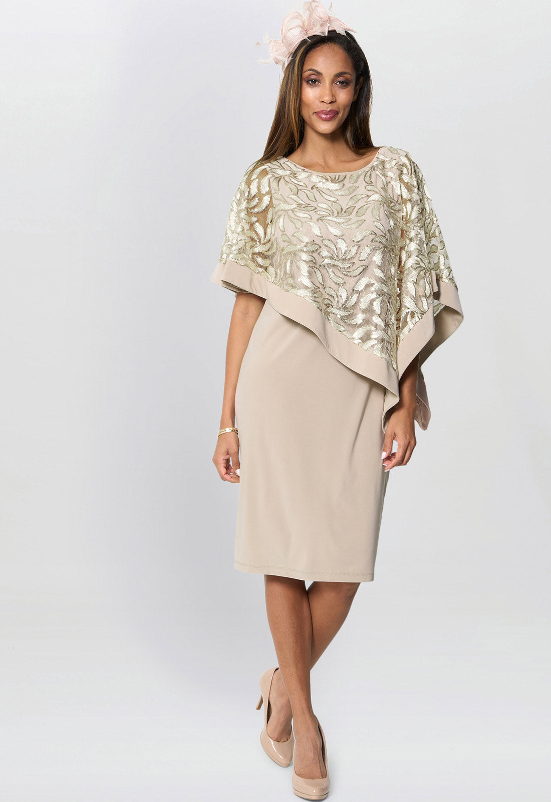 Gina Bacconi Champagne Darlene Embroidered Cape Dress