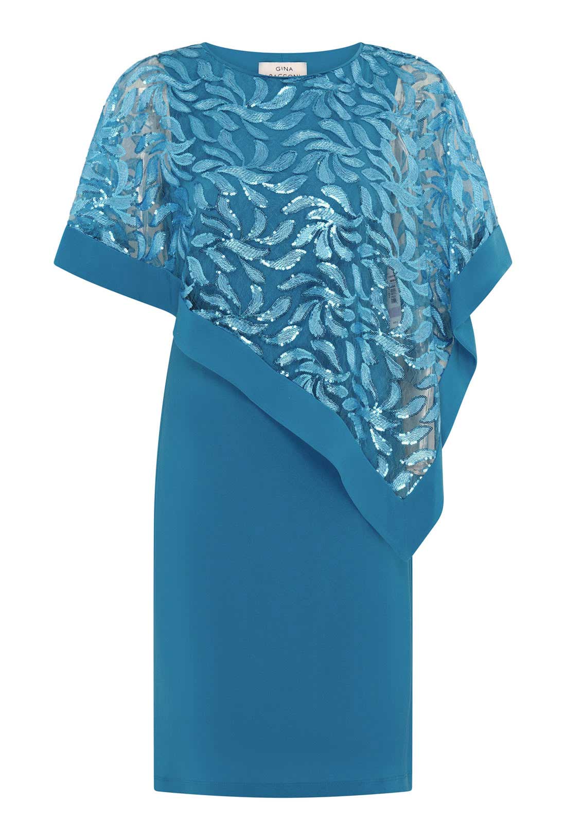 Blue dress with lace sleeves on a white background