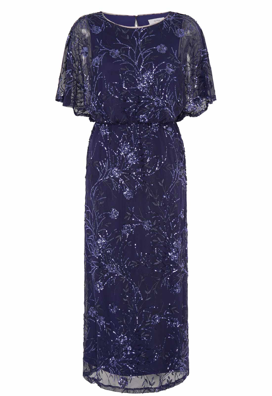 Navy blue dress with floral pattern on a white background