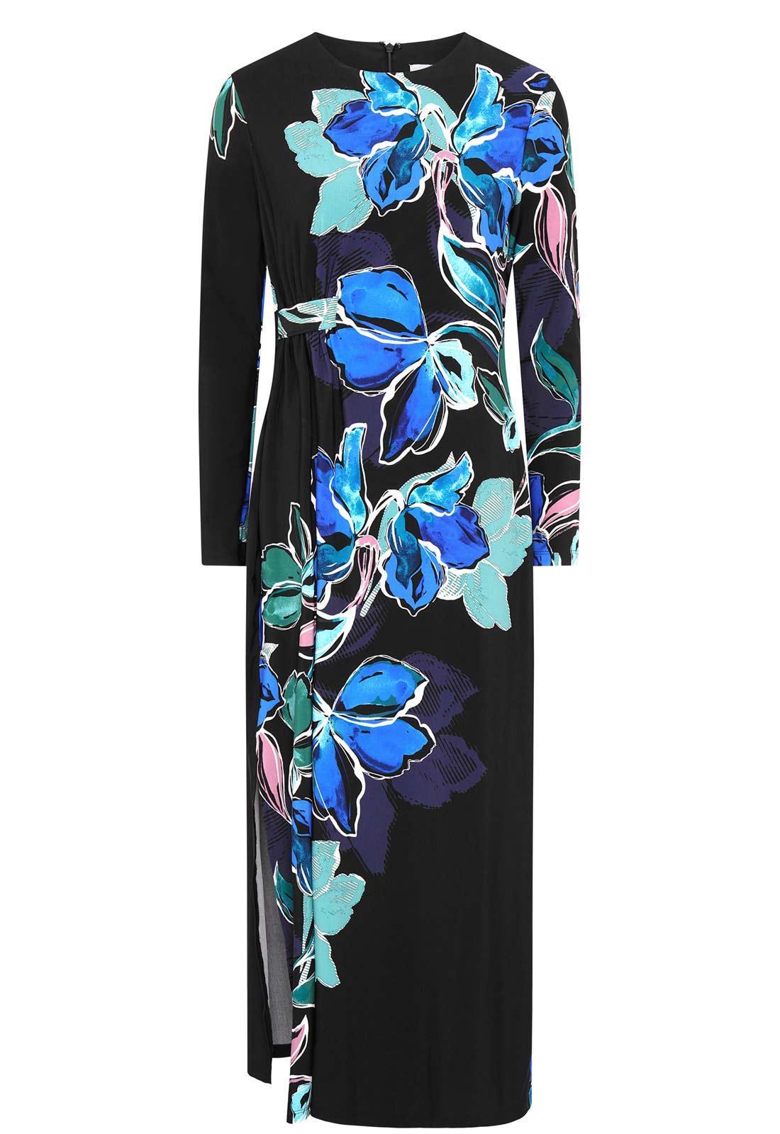 Black dress with blue floral pattern on a white background