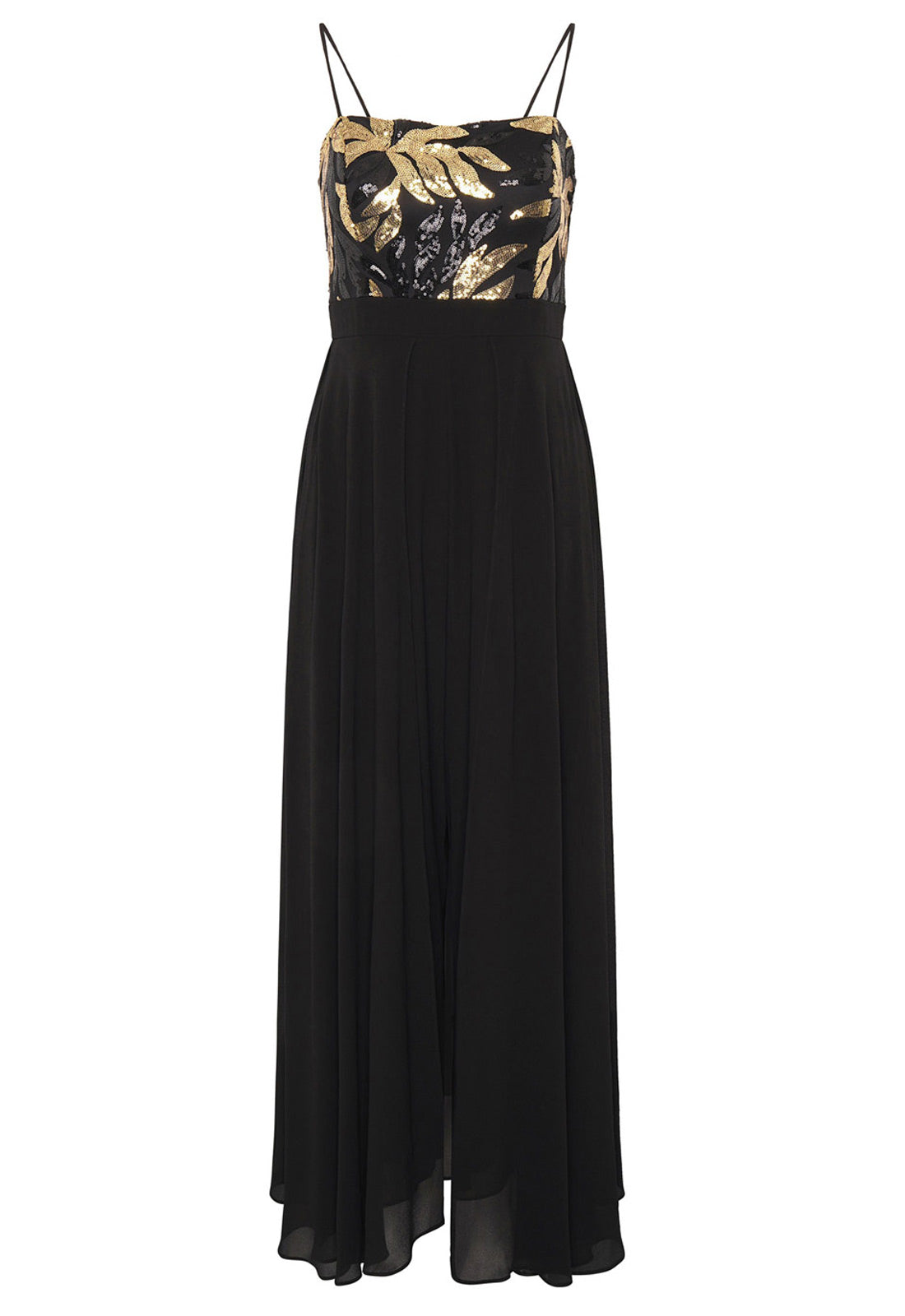 Black evening gown with gold sequin detailing on a white background