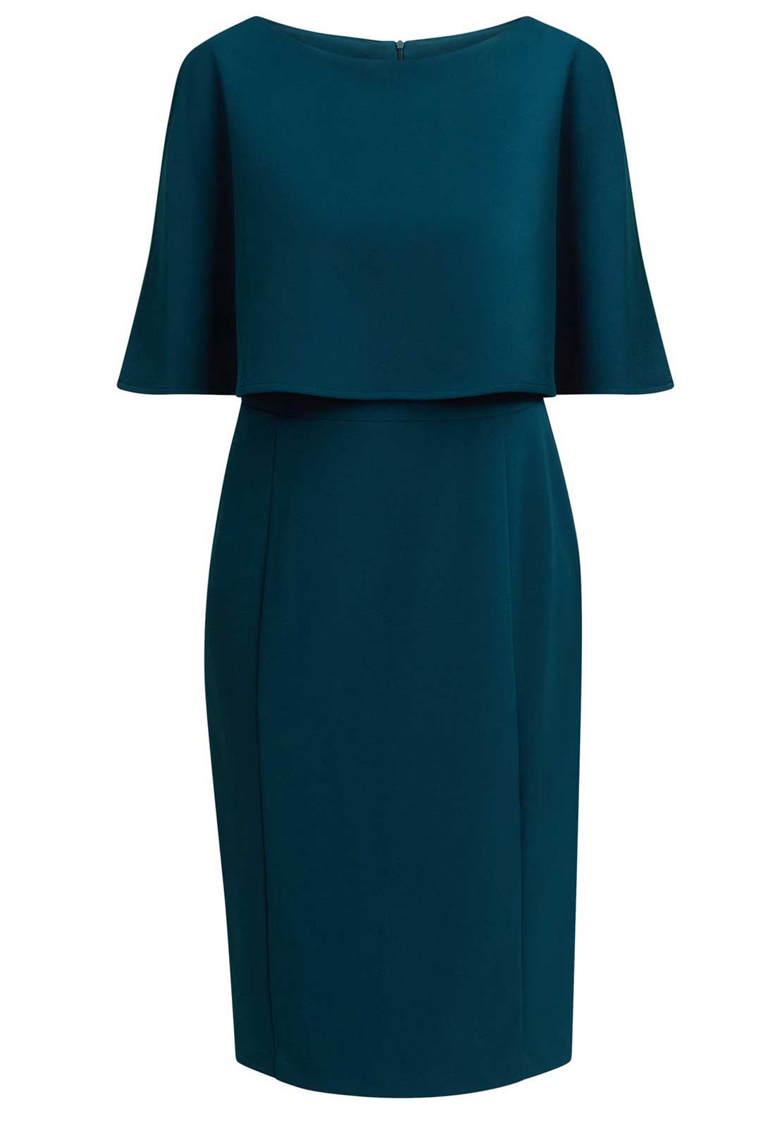 Teal dress with capelet on a white background