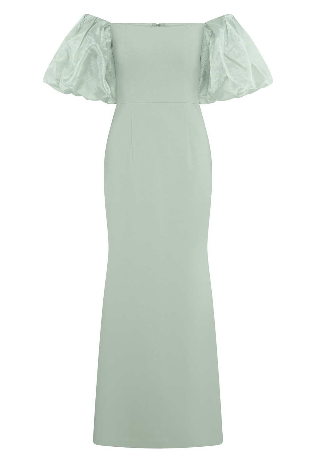 Mint green off-shoulder dress on a white background