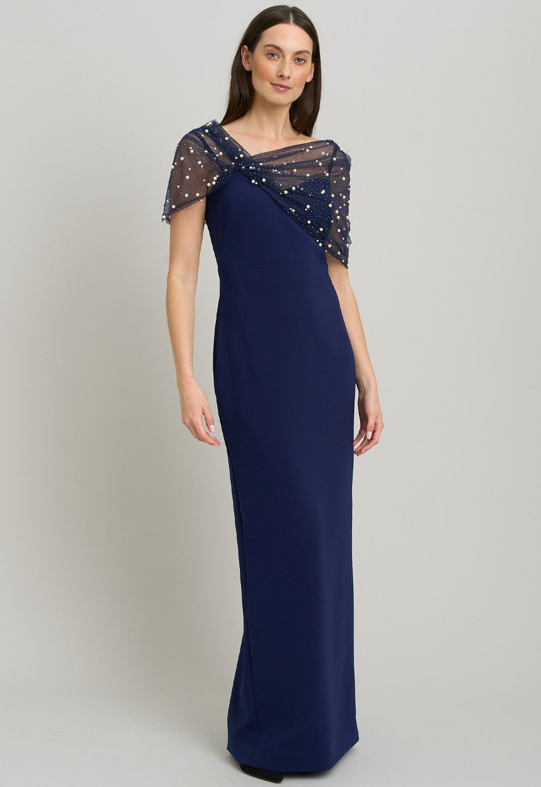 Gina Bacconi NAVY Irma Asymmetrical Neckline Maxi Dress