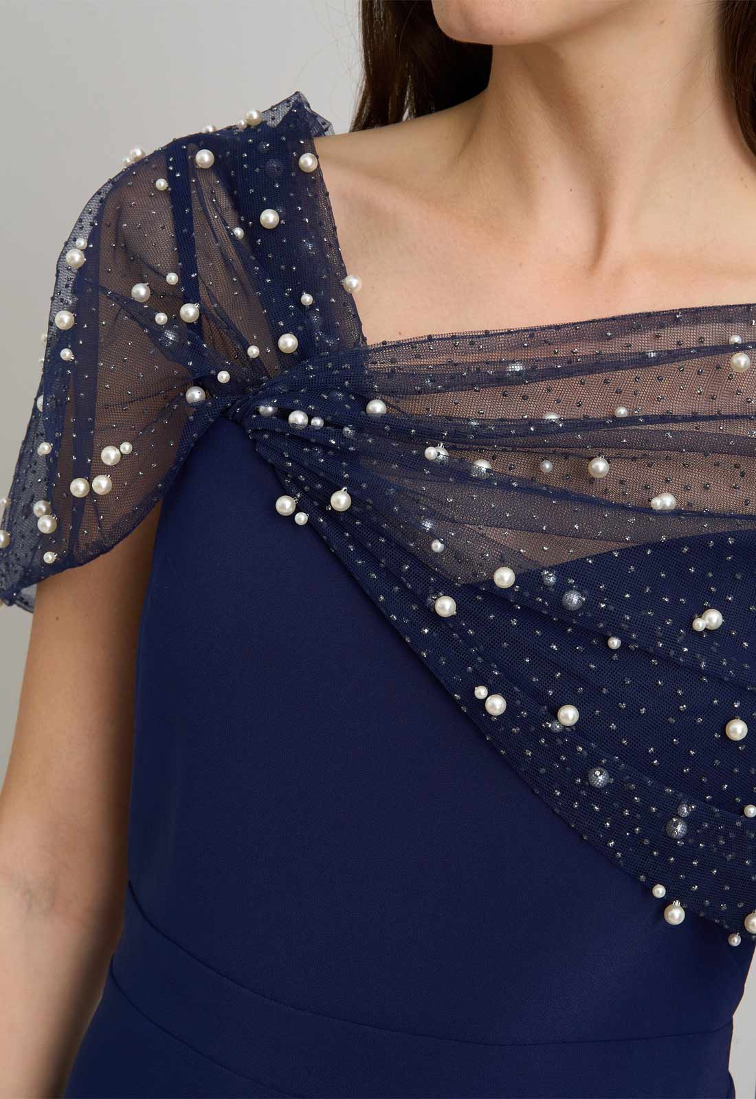 Gina Bacconi NAVY Irma Asymmetrical Neckline Maxi Dress