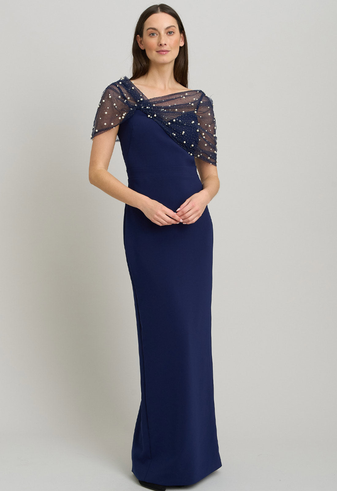 Gina Bacconi NAVY Irma Asymmetrical Neckline Maxi Dress