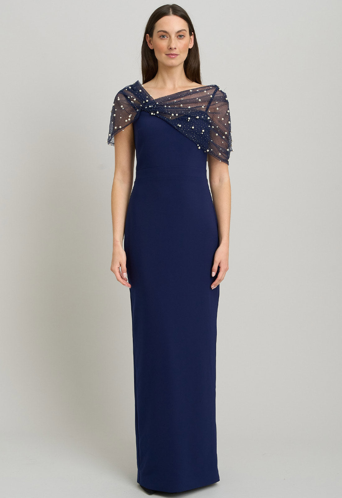 Gina Bacconi NAVY Irma Asymmetrical Neckline Maxi Dress