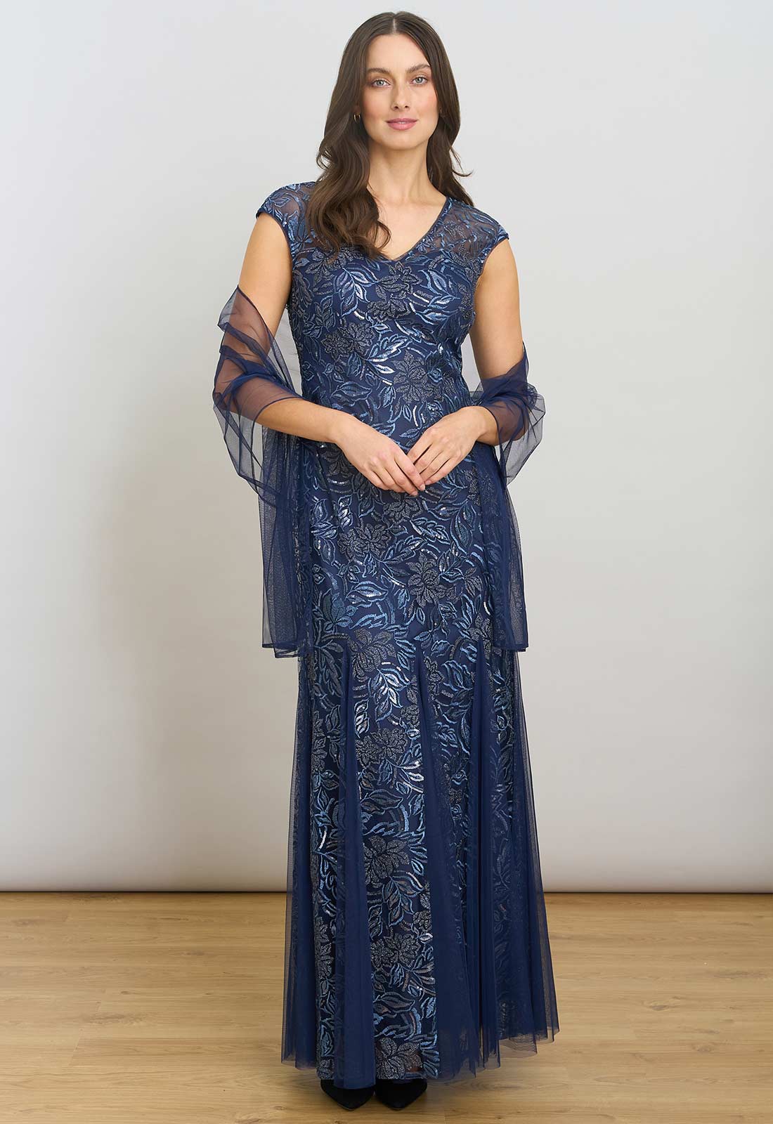 Gina Bacconi Navy Indy Maxi Dress With Matching Scarf