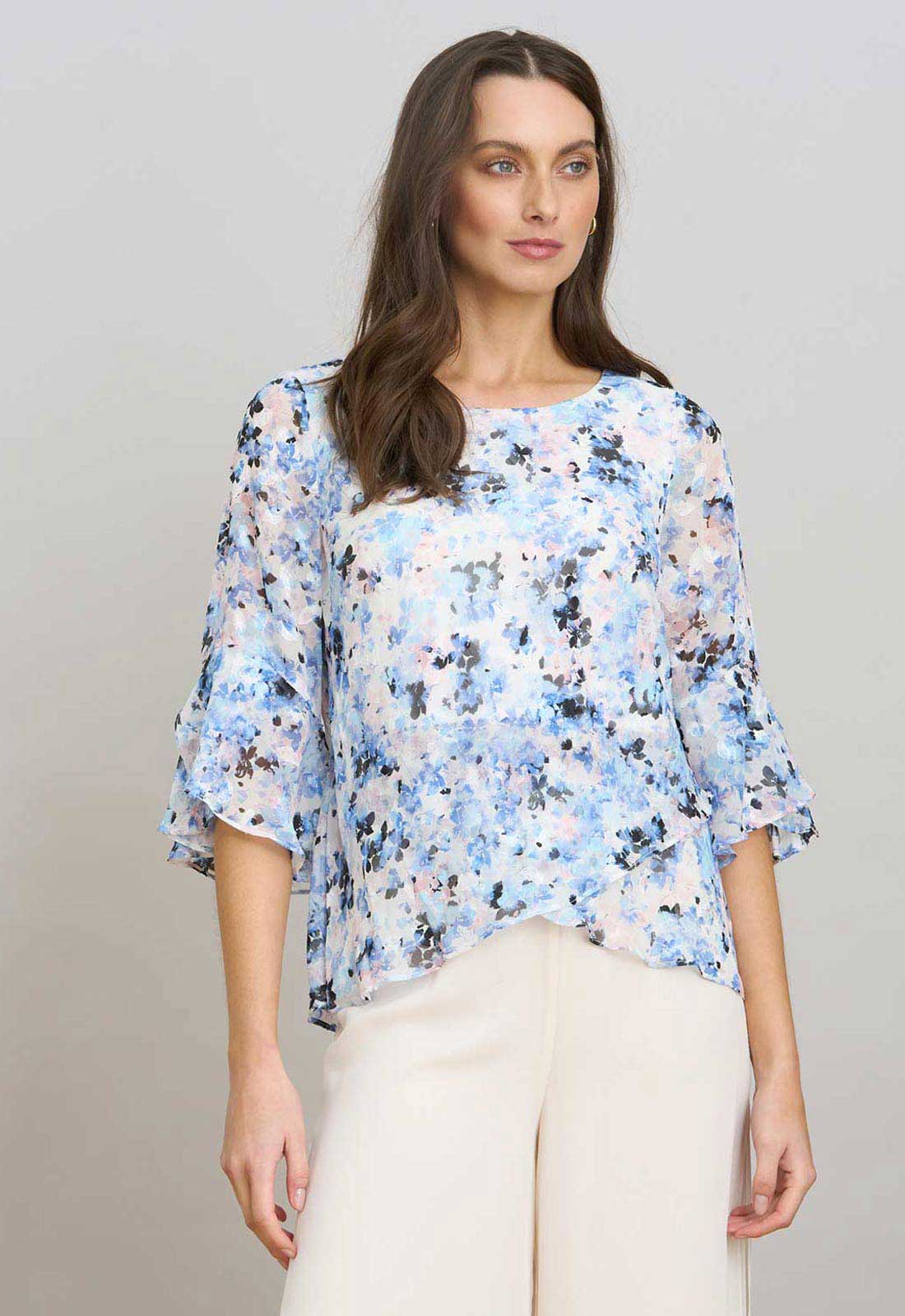 Gina Bacconi BLUE Jacklyn Floral Layered Chiffon Top