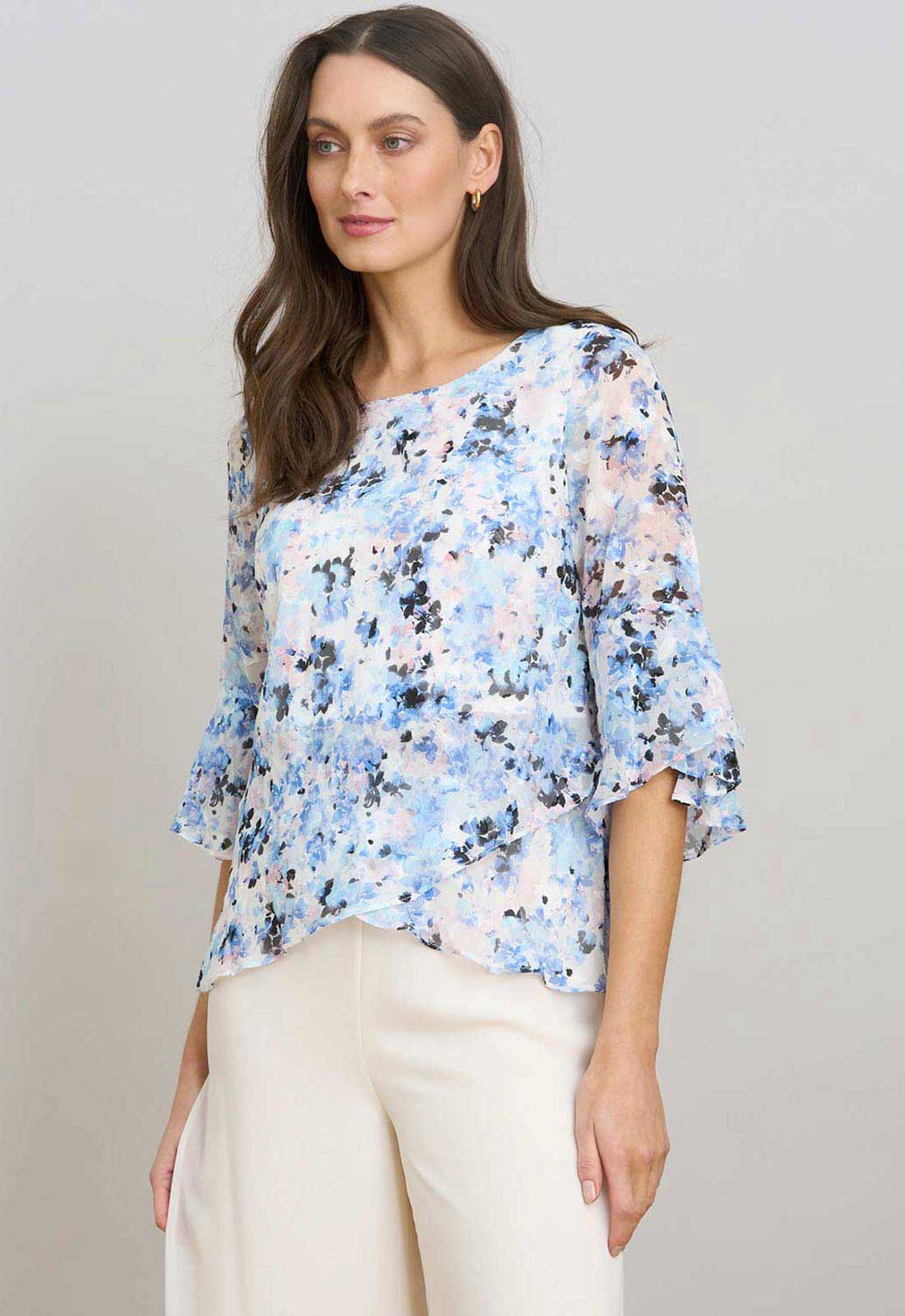 Gina Bacconi BLUE Jacklyn Floral Layered Chiffon Top