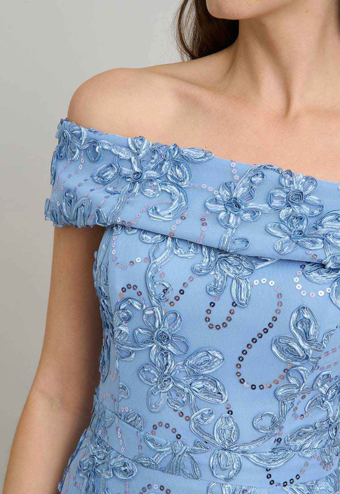 Gina Bacconi PERRI Janette Embroidered Sequin Off-Shoulder Maxi Dress