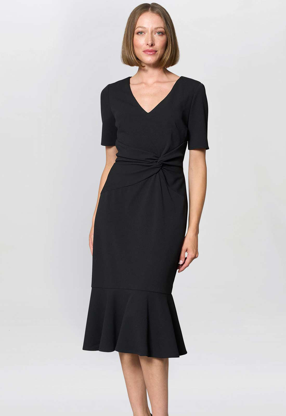 Gina Bacconi BLACK Kiara V Neck Twist Midi Dress