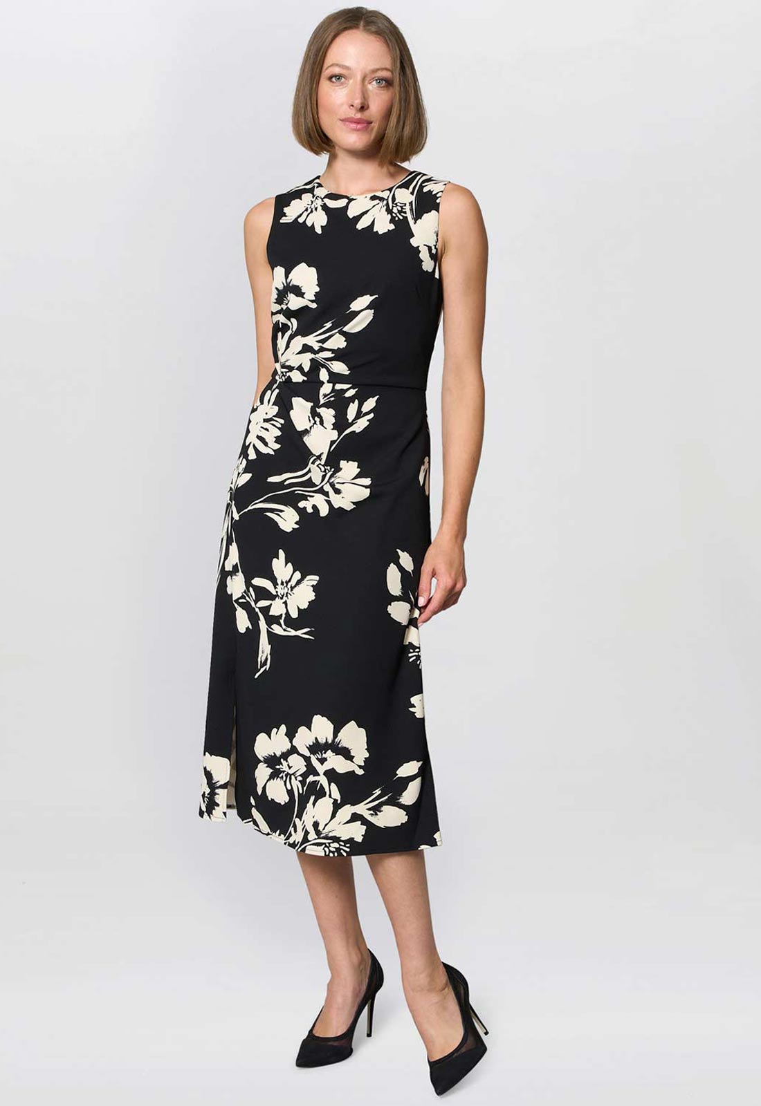 Gina Bacconi BLACK / BEIGE Joely Placement Floral Print Dress