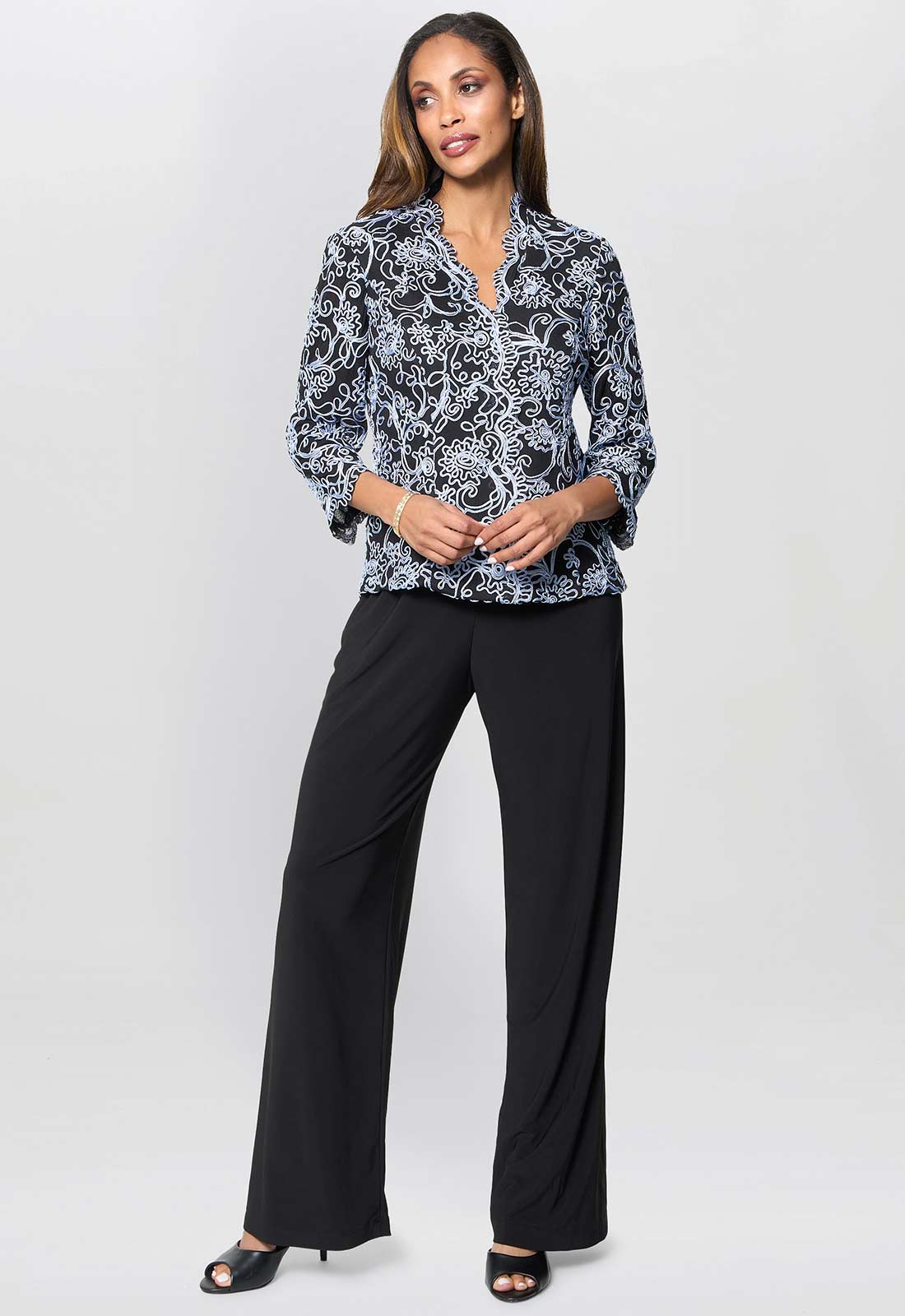 Gina Bacconi Black / Blue Lanette Embroidered Blouse With Scallops