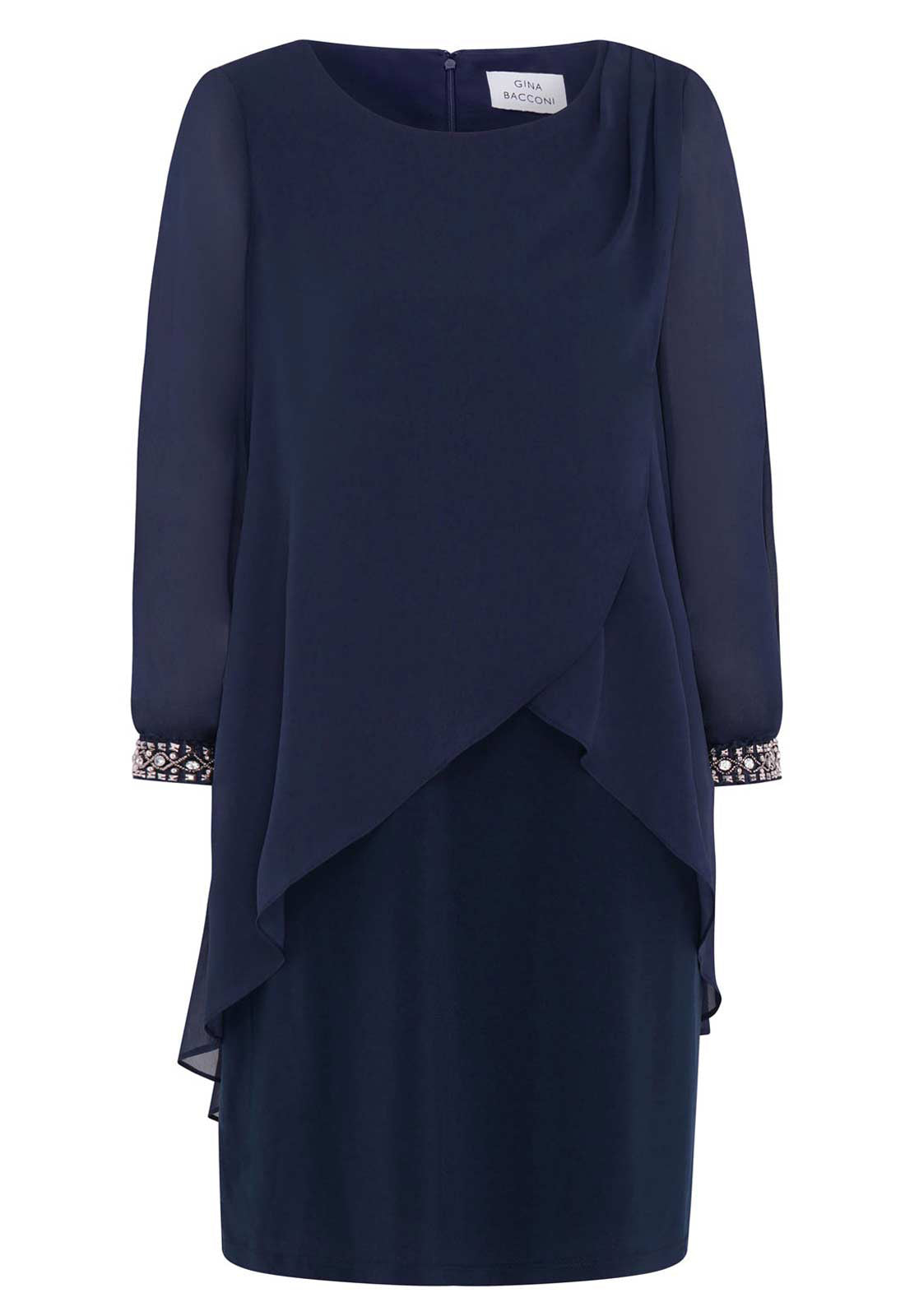 Navy blue dress with embellished cuffs on a white background
