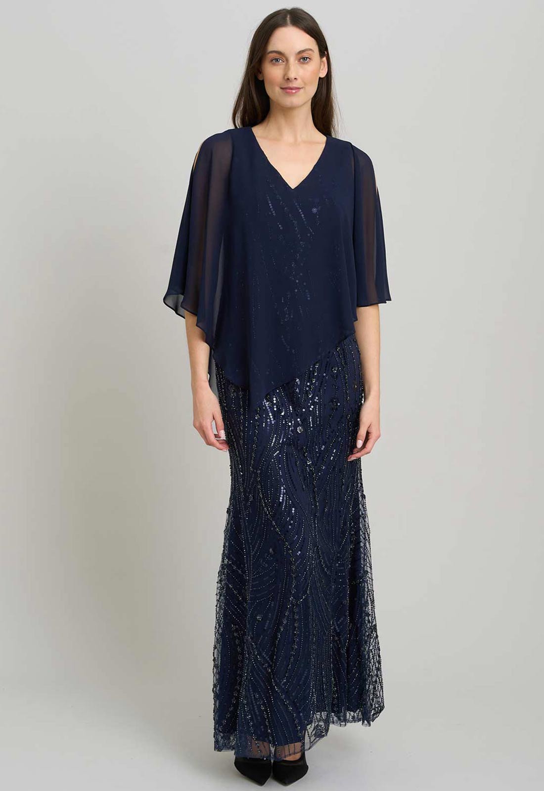 Gina Bacconi NAVY Leslie Embellished Maxi Dress