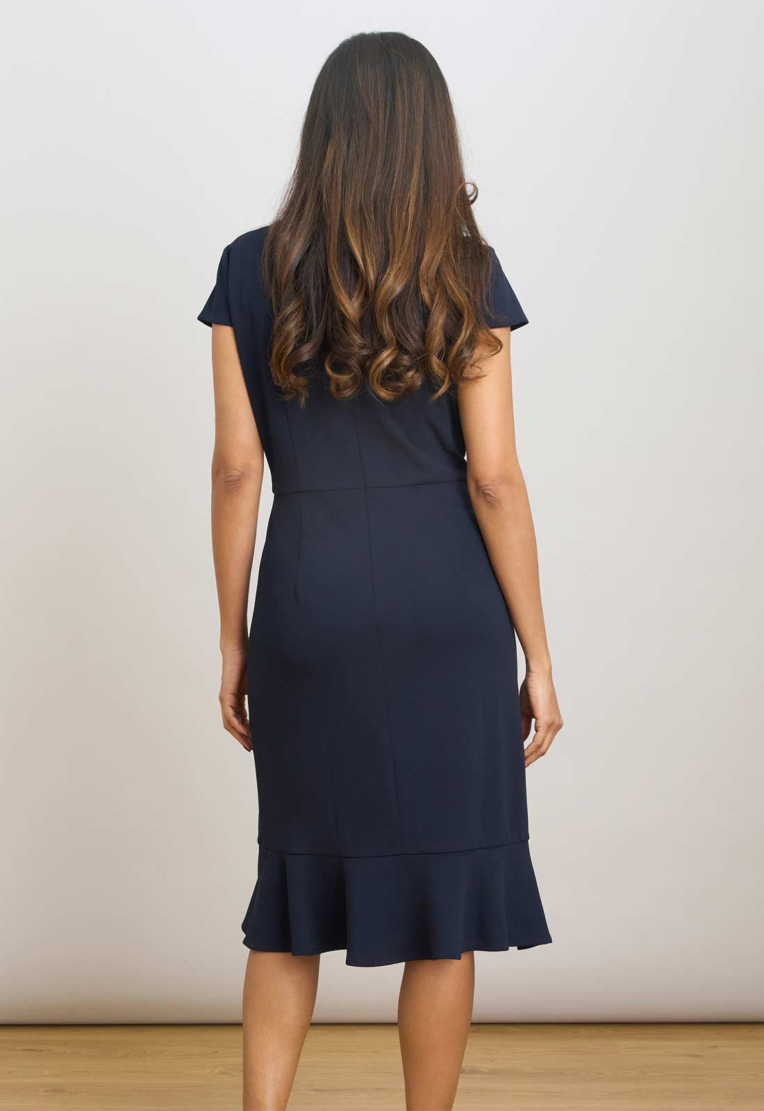 Gina Bacconi NAVY Ruffle Hem Crepe Dress