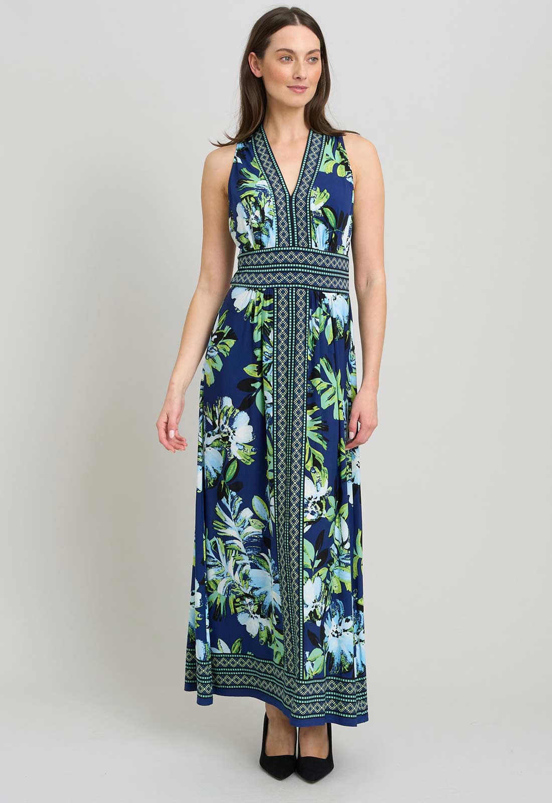 Gina Bacconi NAVY / MULTI Marisa V Neck Sleeveless Maxi Dress