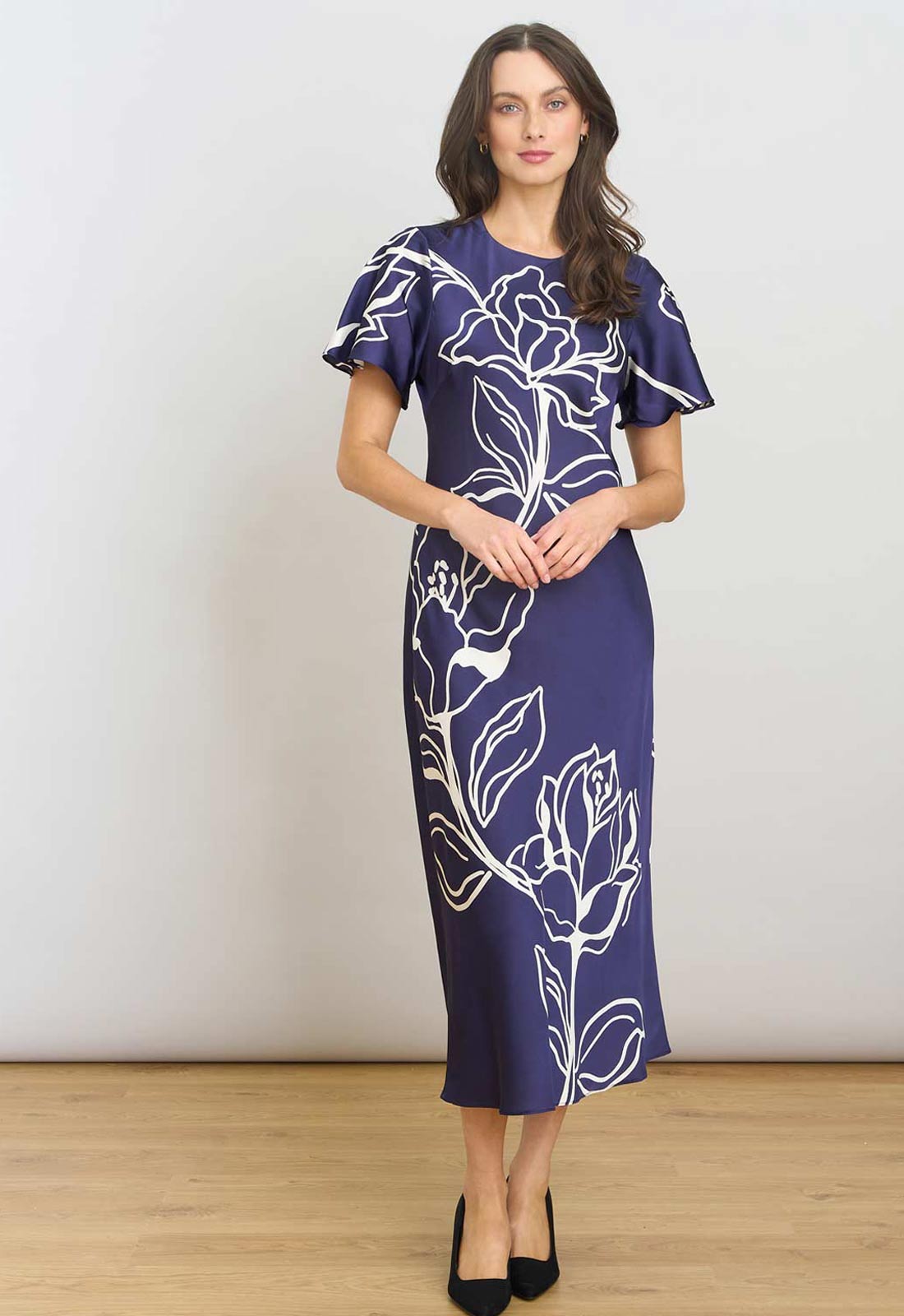 Gina Bacconi NAVY Meg Short Sleeve Print Midi Dress