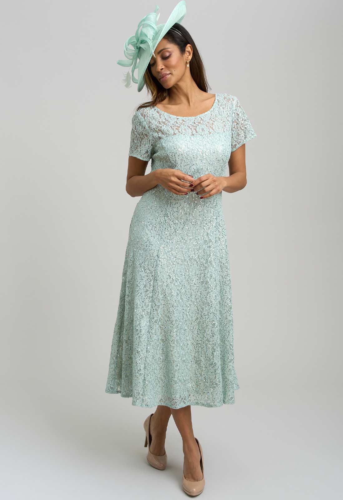 Gina Bacconi SAGE Genny Cap Sleeve Midi Length Sequin Lace Dress Gina Bacconi SAGE Genny Cap Sleeve Midi Length Sequin Lace Dress
