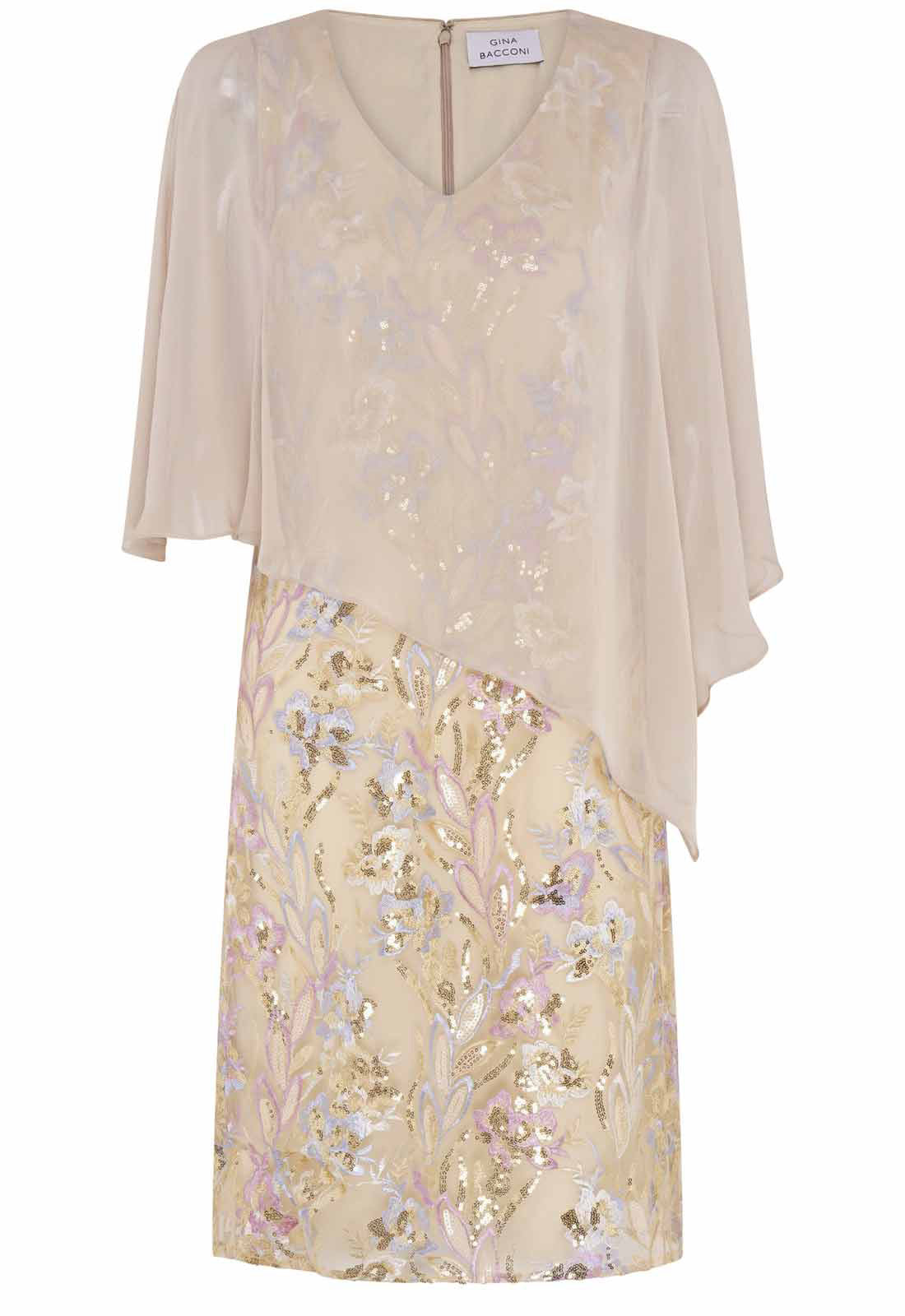 Beige dress with floral sequin skirt on a white background