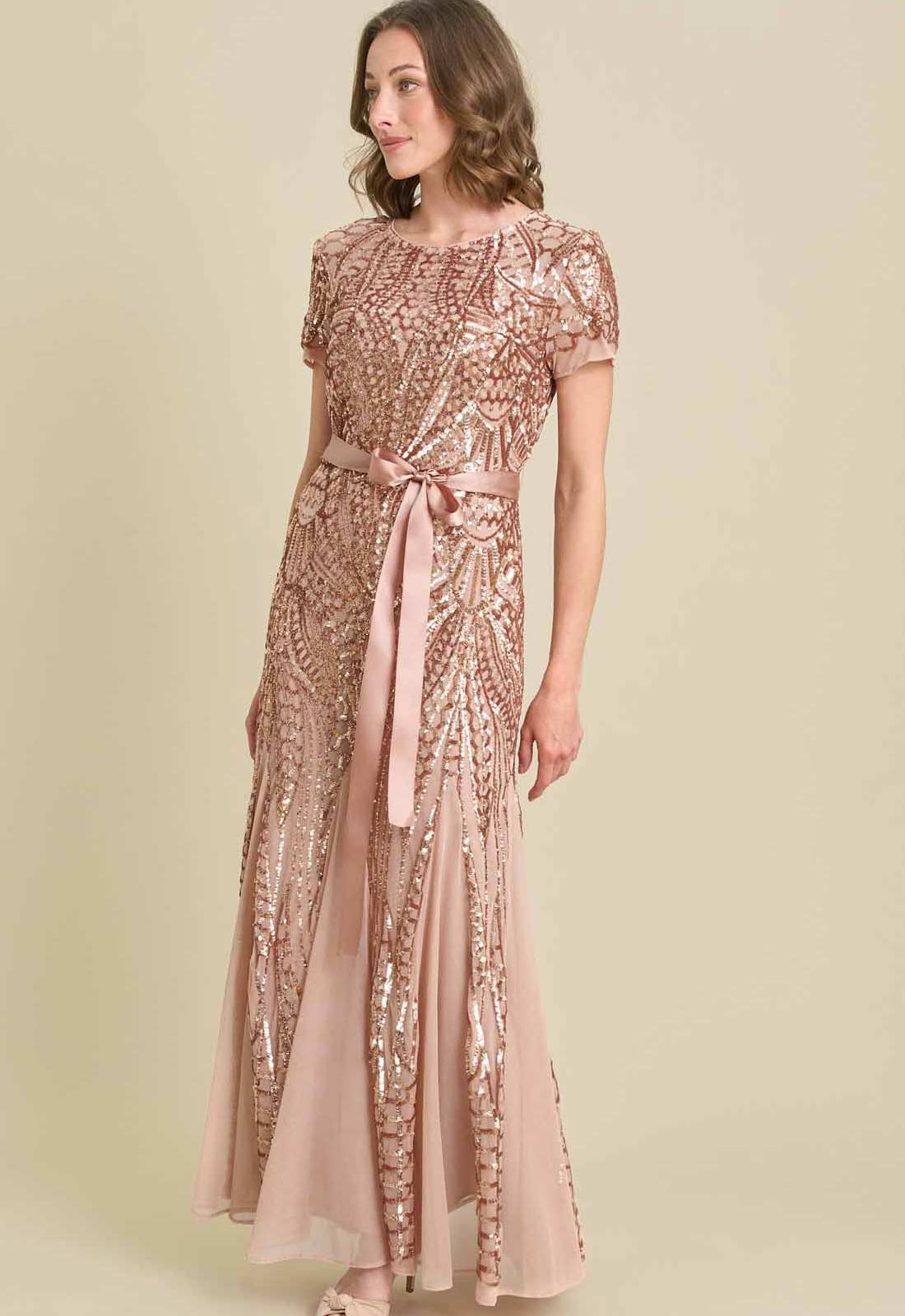 Gina Bacconi ROSE GOLD Monique Embroidered Sequin Godet Maxi Dress
