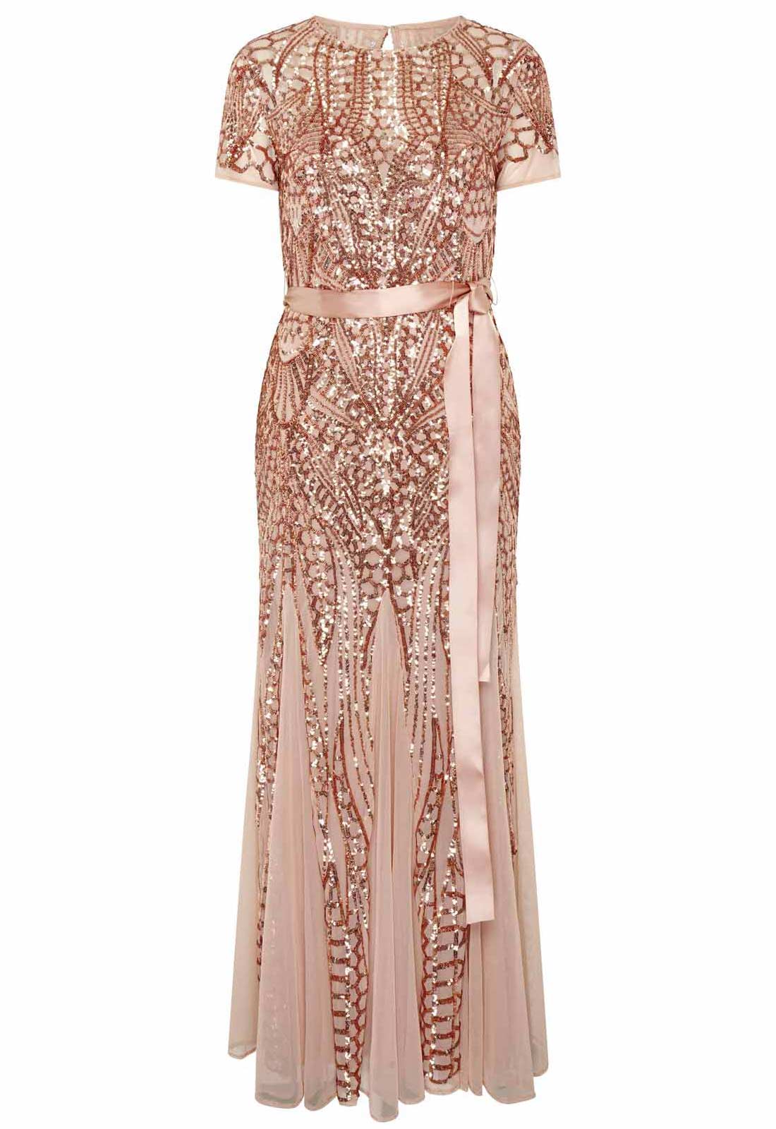 Gina Bacconi ROSE GOLD Monique Embroidered Sequin Godet Maxi Dress