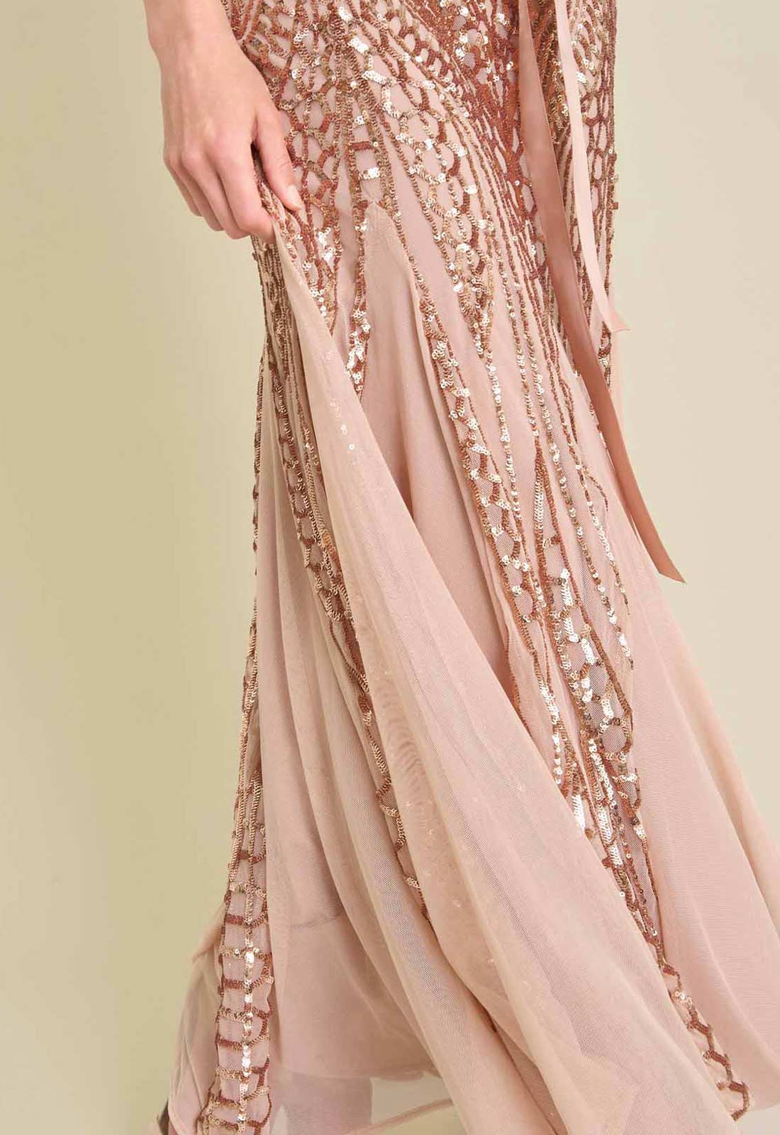 Gina Bacconi ROSE GOLD Monique Embroidered Sequin Godet Maxi Dress