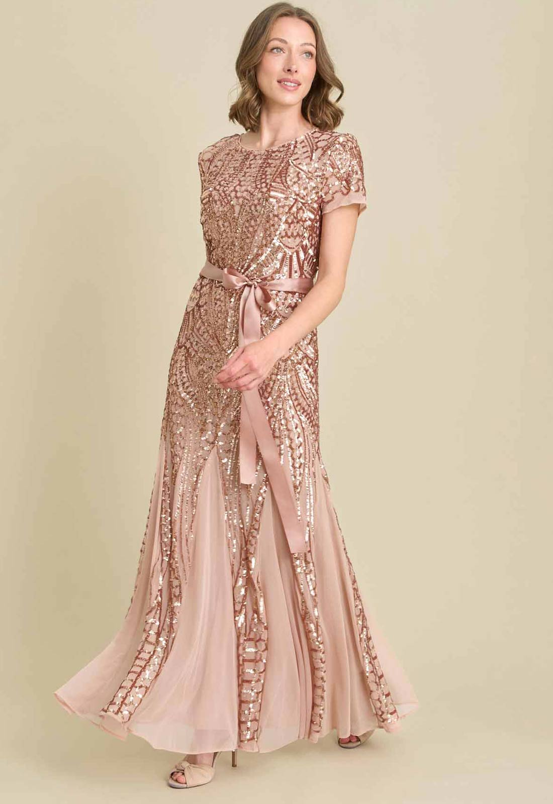 Gina Bacconi ROSE GOLD Monique Embroidered Sequin Godet Maxi Dress