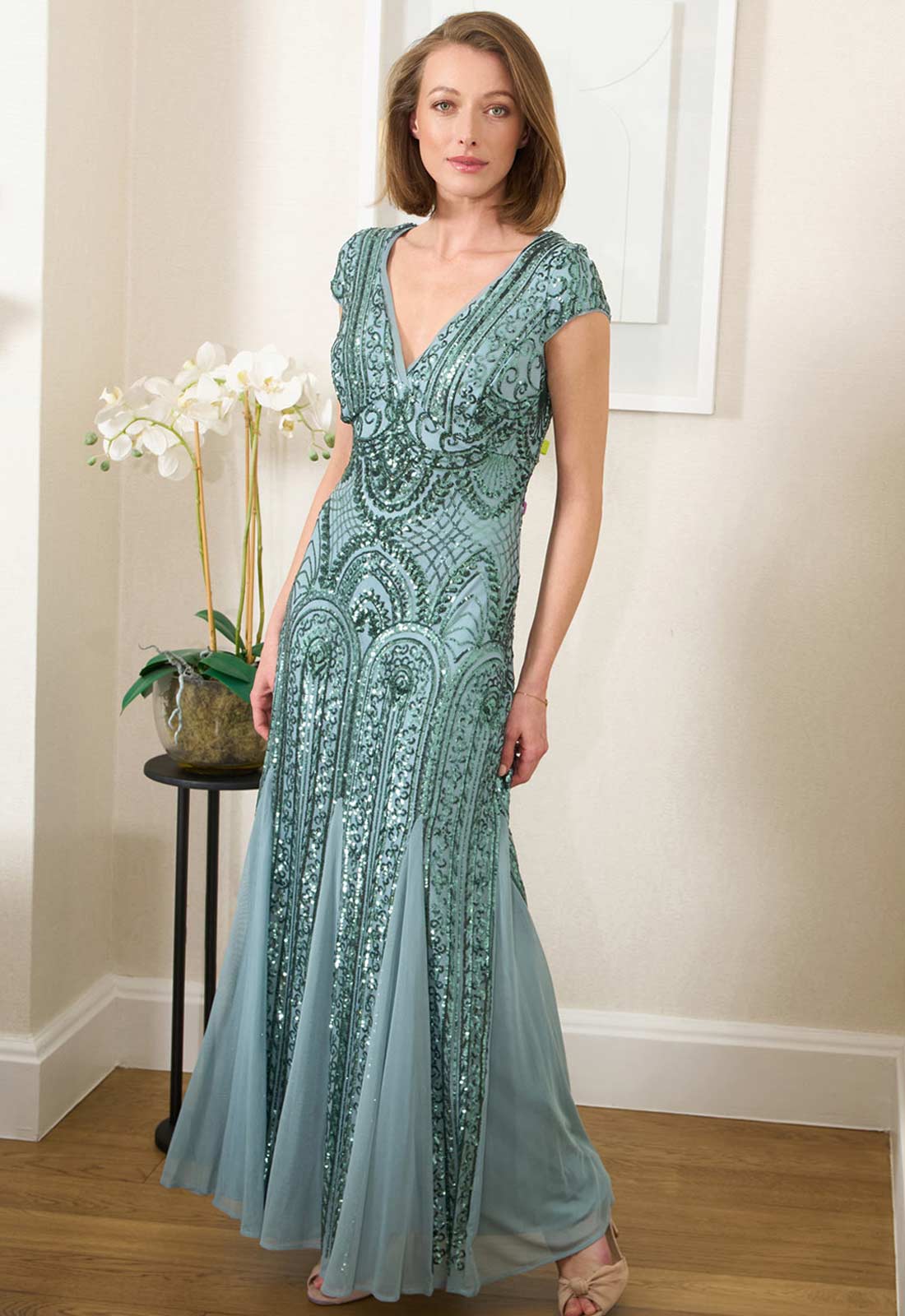 Gina Bacconi Sea Mist Mimsy V Neck Beaded Maxi Dress Gina Bacconi Sea Mist Mimsy V Neck Beaded Maxi Dress