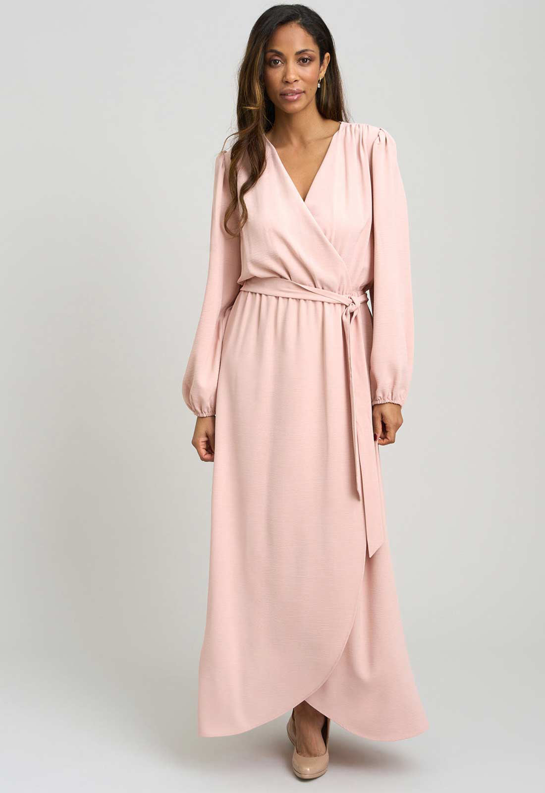Gina Bacconi BLUSH Bow Wrap Long Sleeve Maxi Dress