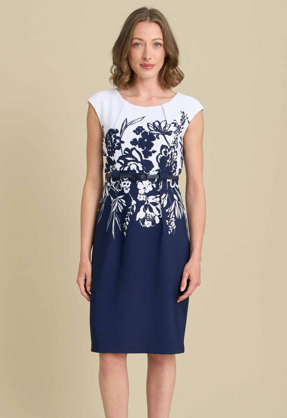 Gina Bacconi NAVY / WHITE Minnie Floral Print Belted Dress