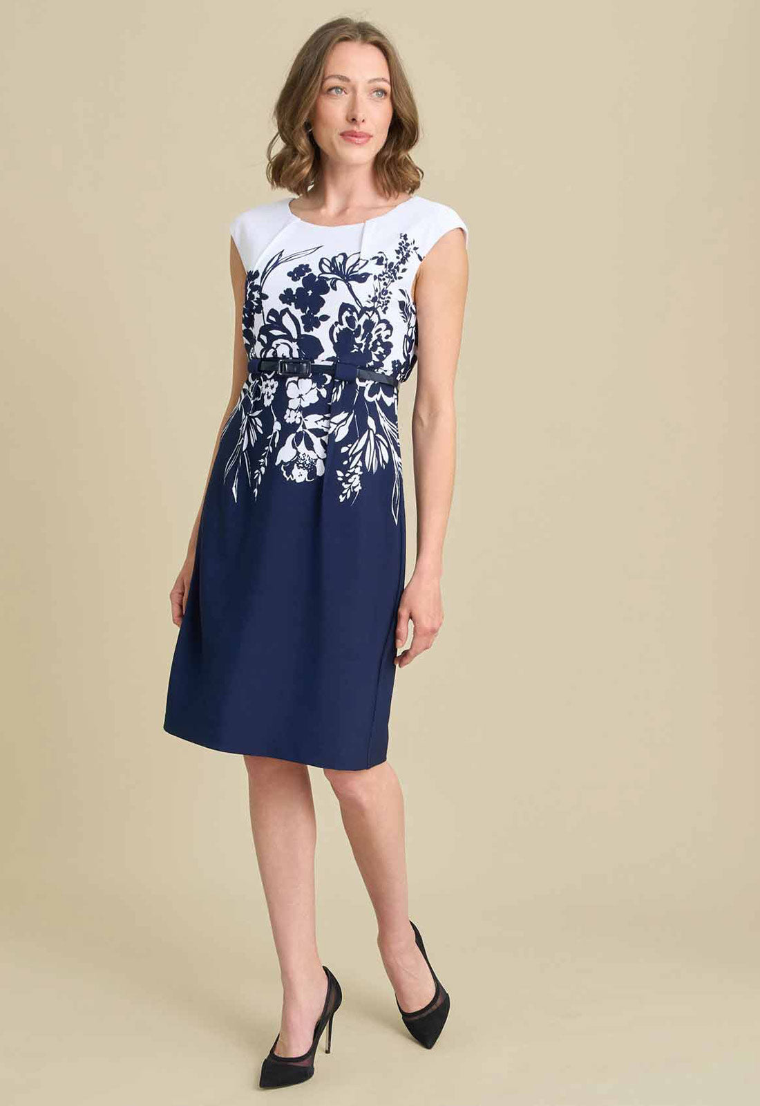 Gina Bacconi NAVY / WHITE Minnie Floral Print Belted Dress