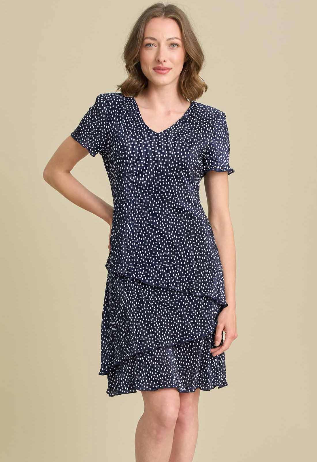 Gina Bacconi NAVY / WHITE Spot Plisse Mini Dress