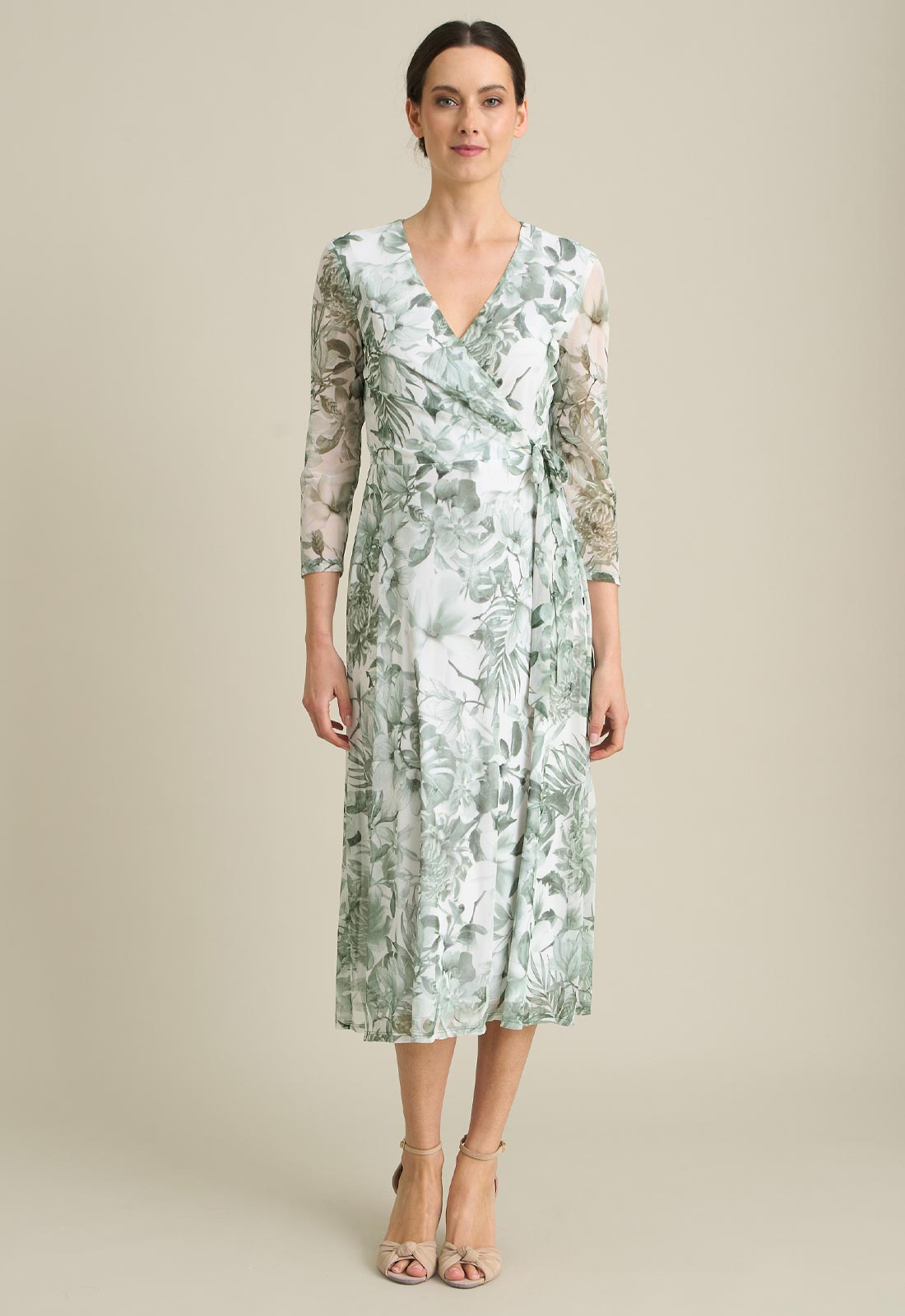 Gina Bacconi GREEN Nancie Floral Mesh Faux Wrap Dress