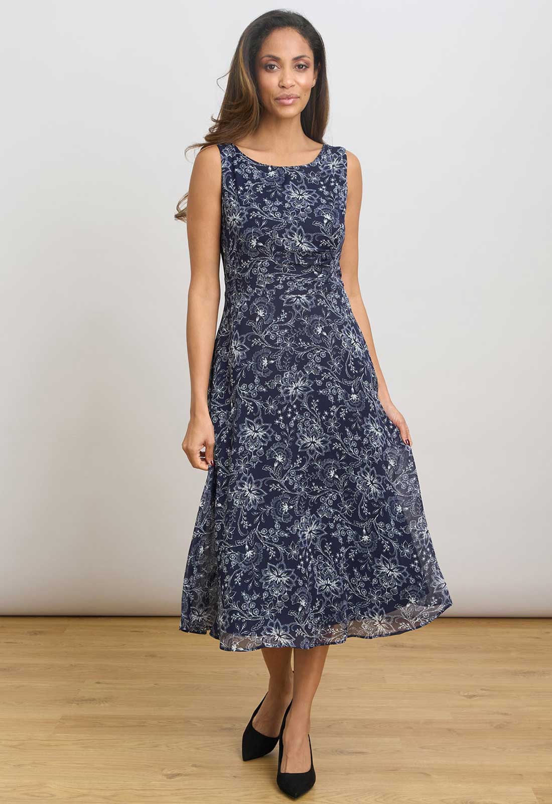 navy blue floral midi dress Gina Bacconi Navy Octavia Chiffon Floral Midi Dress