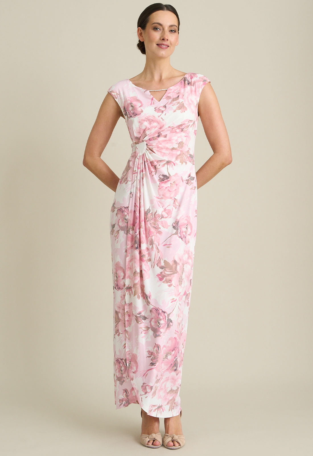 Gina Bacconi PINK Lora Floral Jersey Diamante Trim Maxi Dress