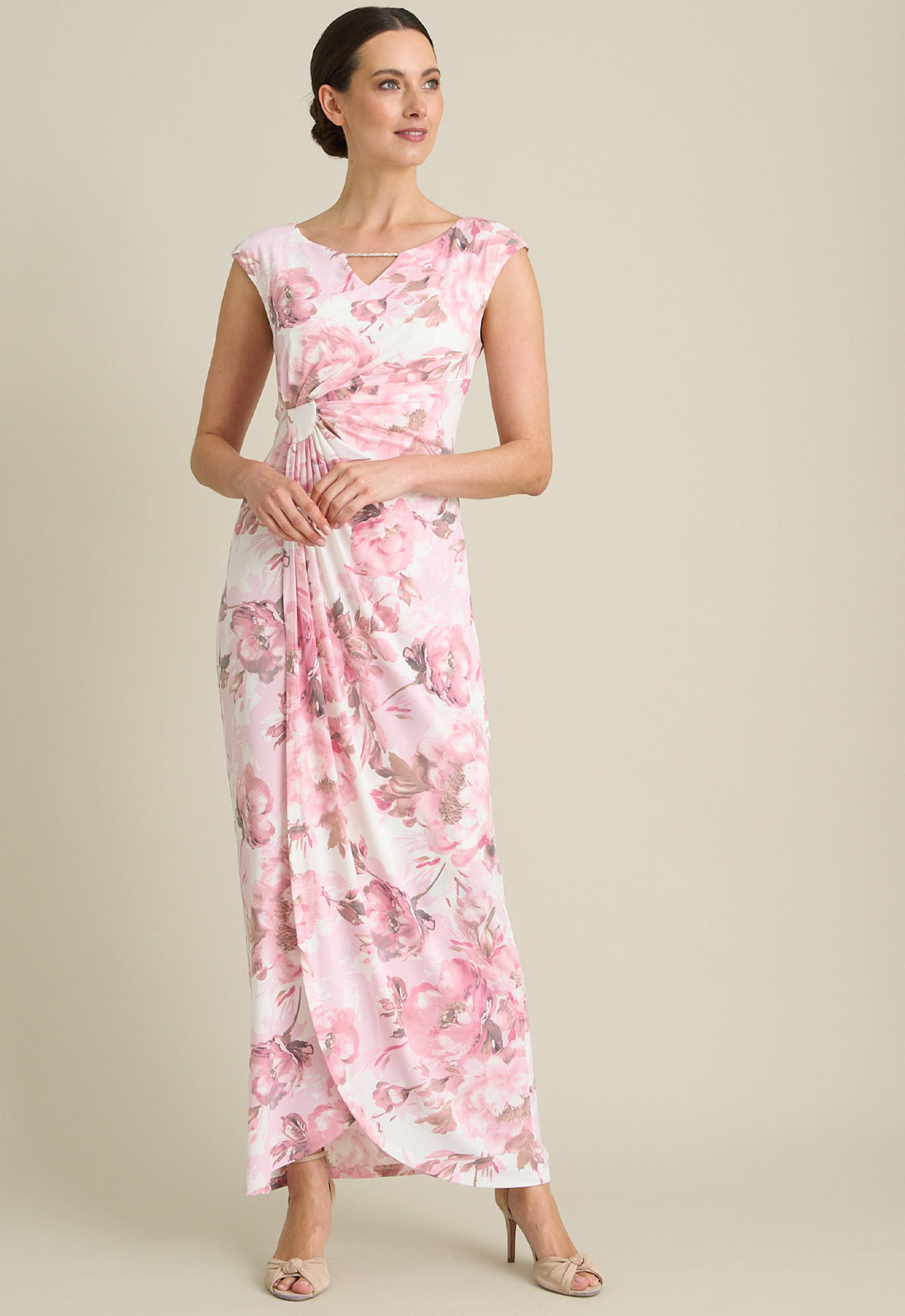 Gina Bacconi PINK Lora Floral Jersey Diamante Trim Maxi Dress