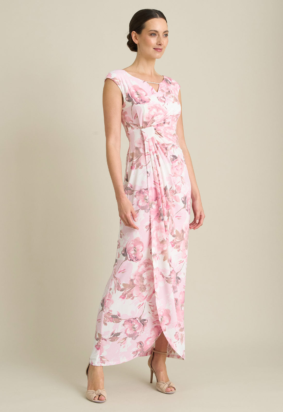 Gina Bacconi PINK Lora Floral Jersey Diamante Trim Maxi Dress