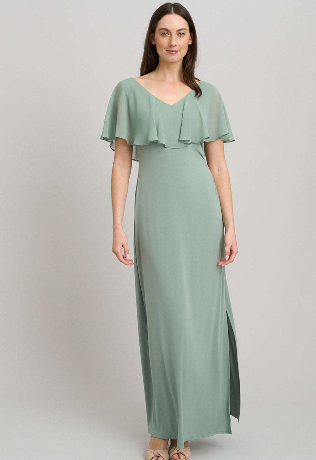 Gina Bacconi Sage Peaches V Neck Chiffon Frill Maxi Dress Gina Bacconi Sage Peaches V Neck Chiffon Frill Maxi Dress