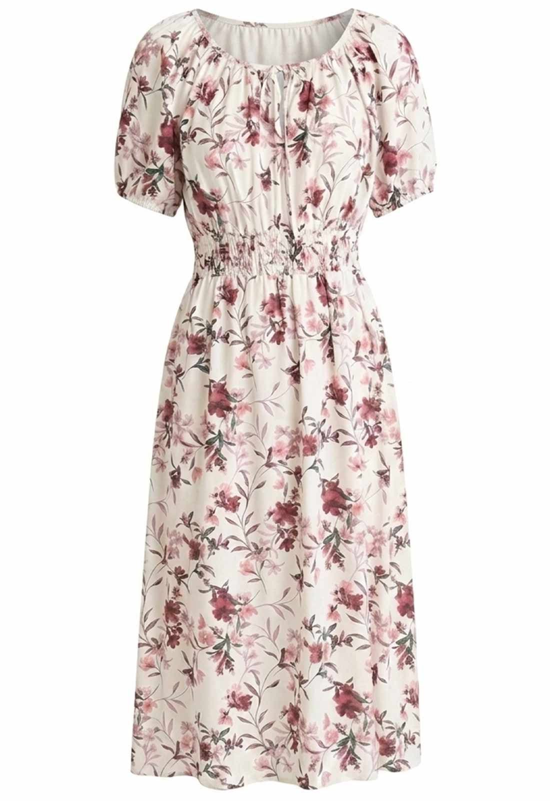 Gina Bacconi IVORY / RED Perrie Smock Waist Floral Print Dress