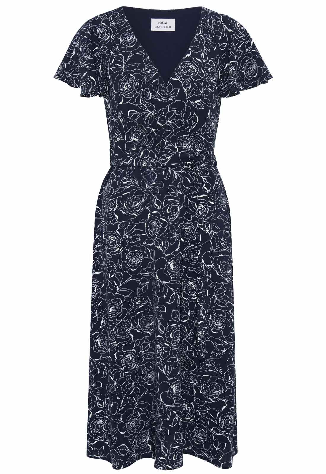 Navy floral dress on a white background