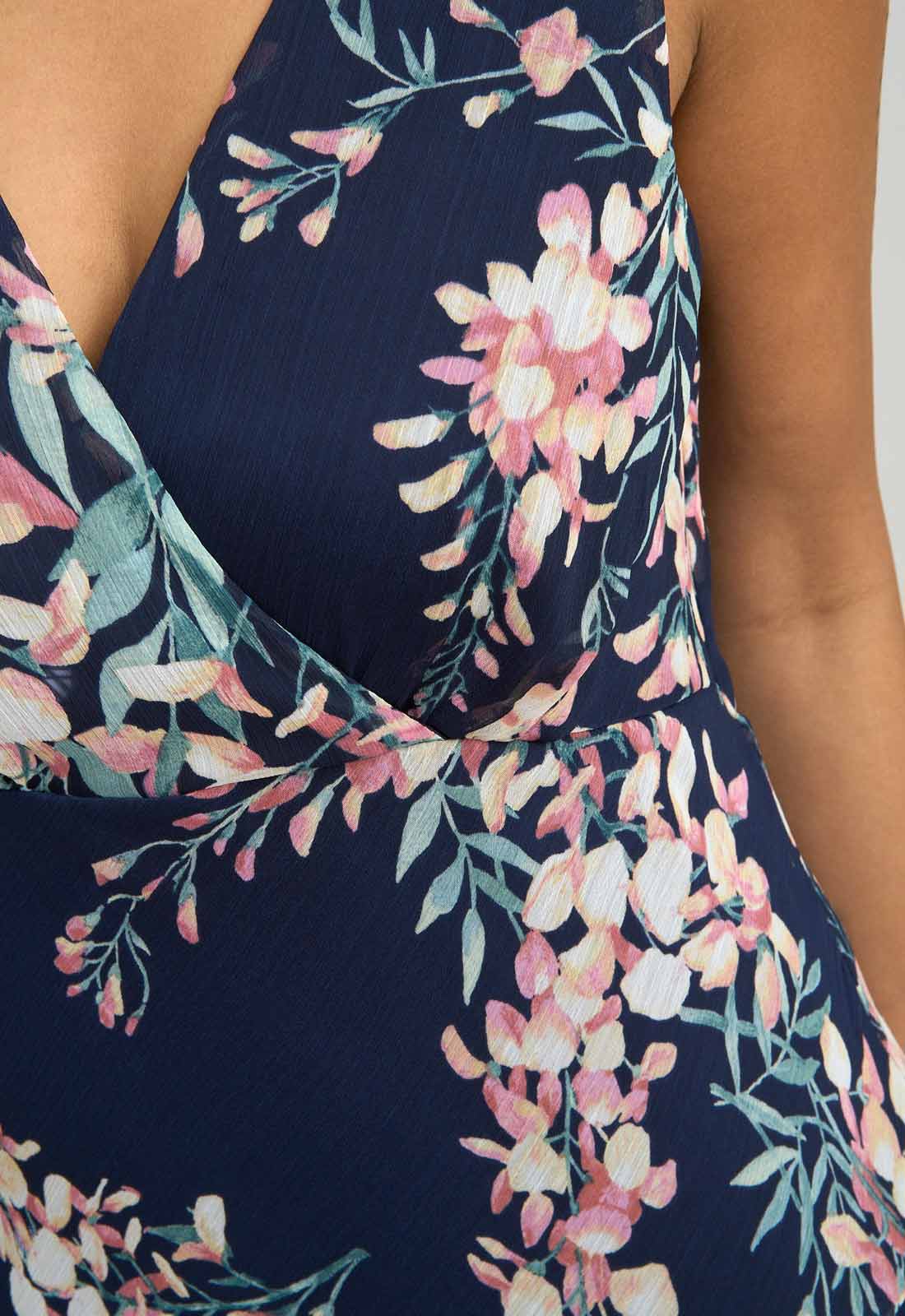Navy blue dress with pink floral pattern