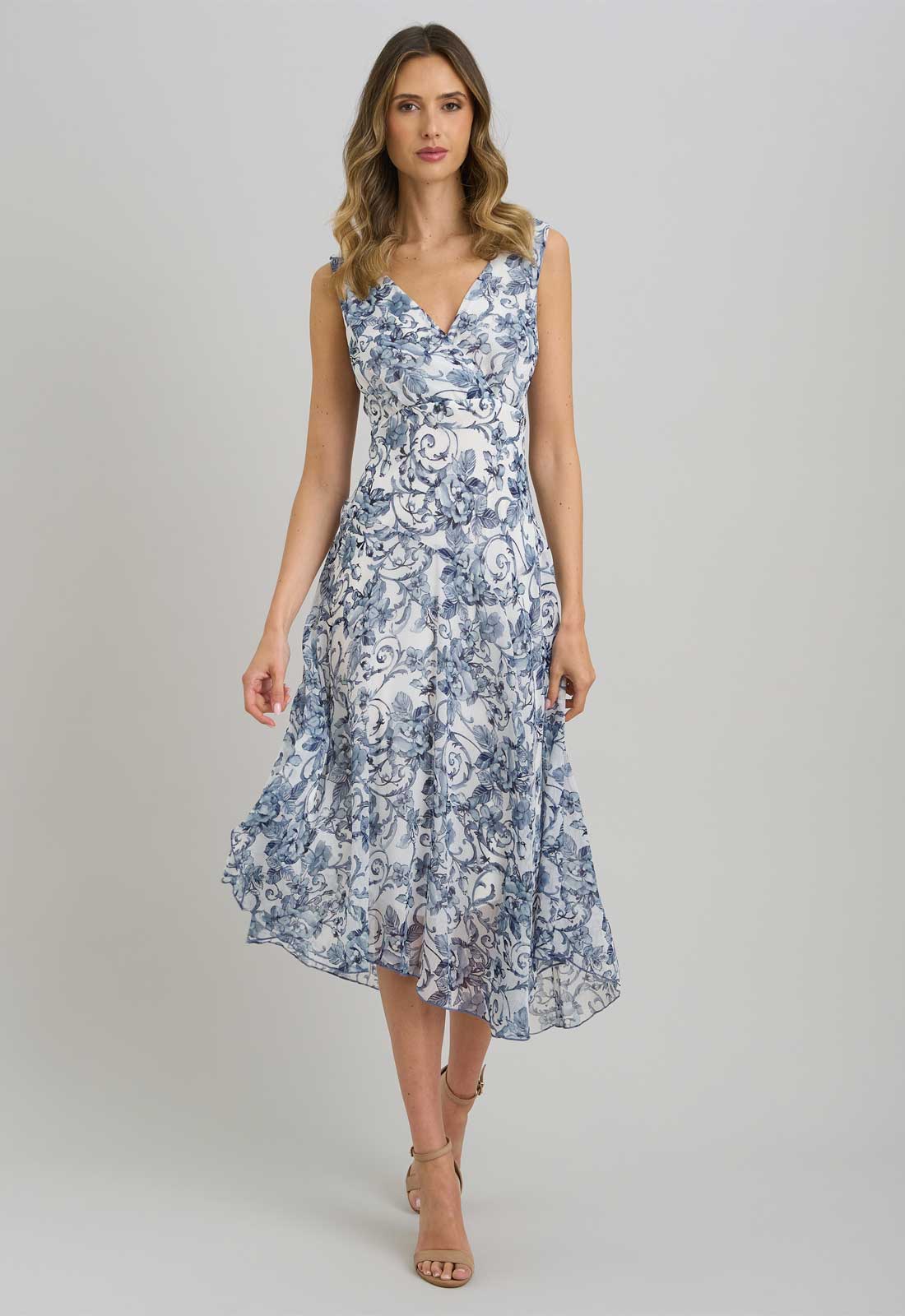 Gina Bacconi BLUE / WHITE India Chiffon Print Dress