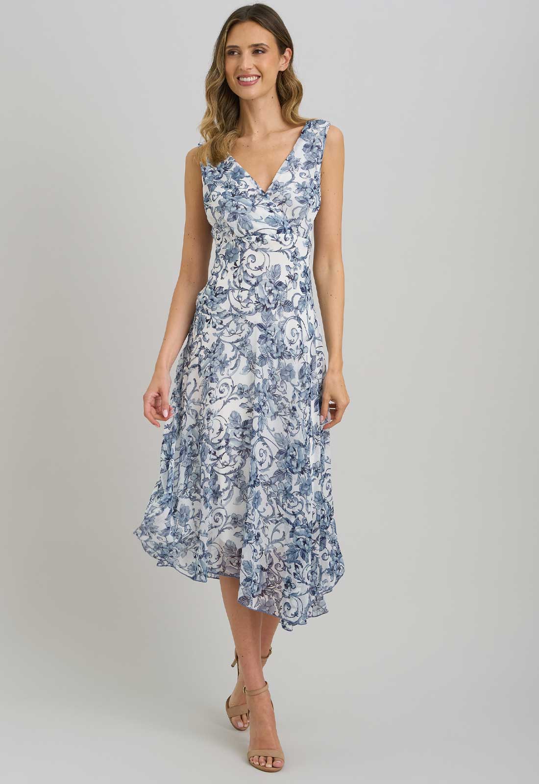 Gina Bacconi BLUE / WHITE India Chiffon Print Dress