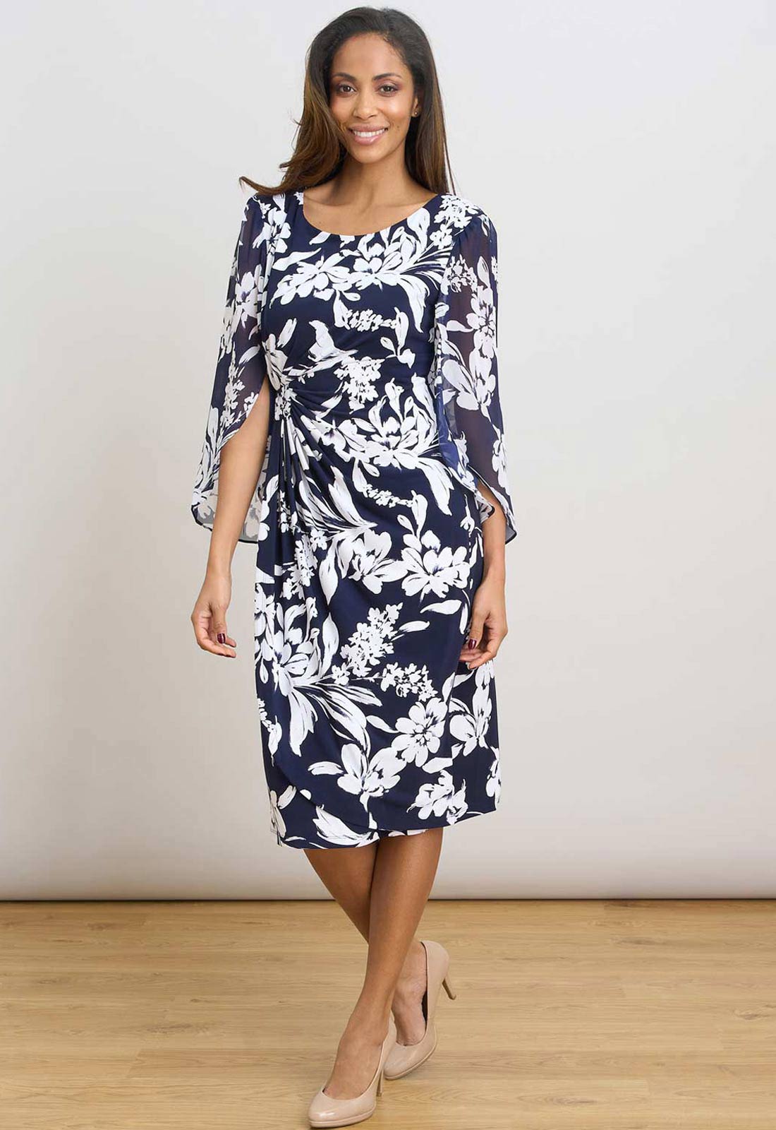 Gina Bacconi NAVY / WHITE Harmony Floral Print Dress