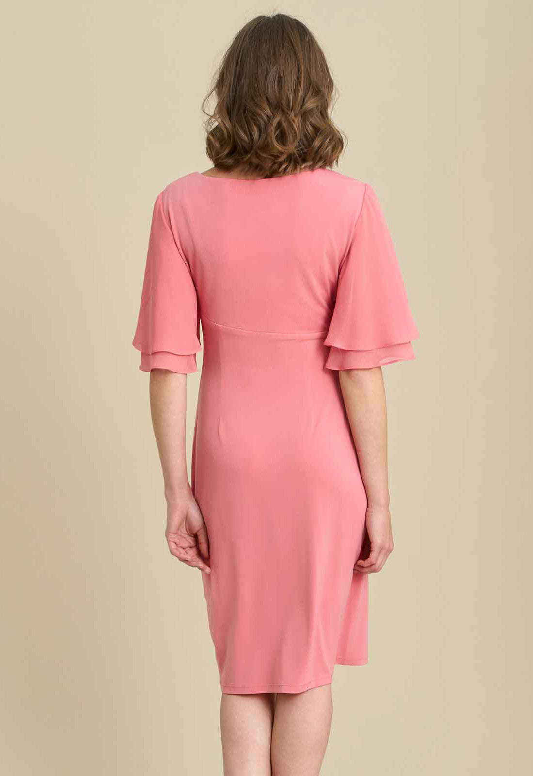Gina Bacconi CORAL Faux Wrap Dress With Double Layer Sleeve